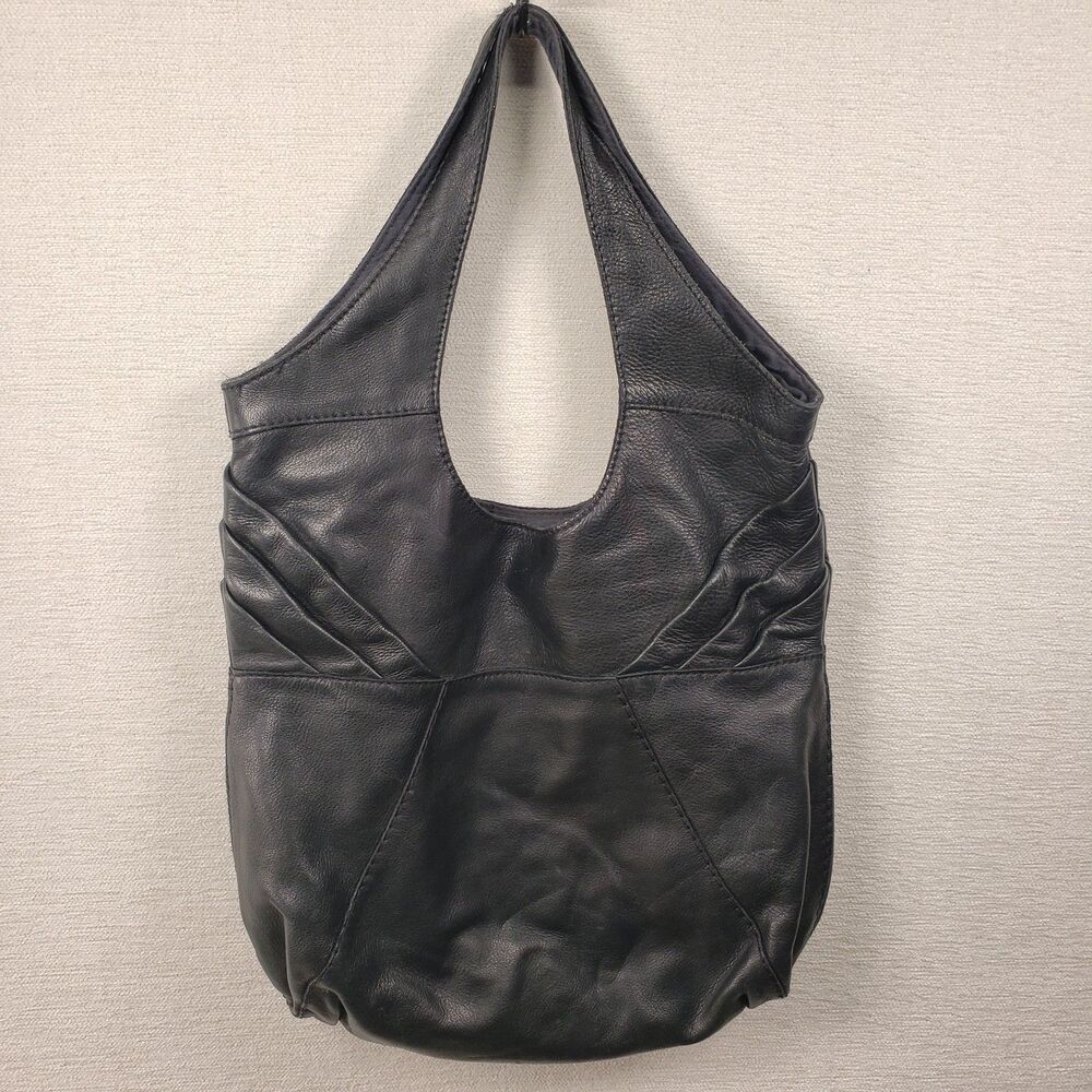 Vintage Lucky Brand Black Cowhide Leather Hobo Bag Floral Liner Large Tote Purse